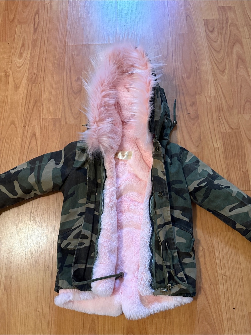 Camo Kids Puffer Jacket with Pink Faux-Fur Trim